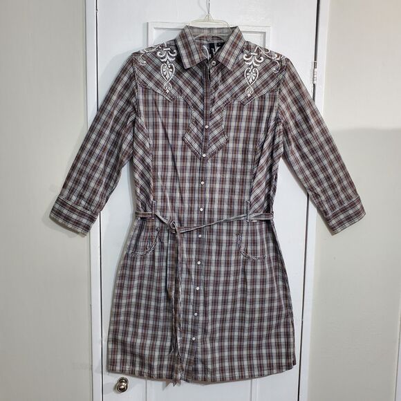 Cowgirl plaid shirt dress with Western-style embroidery and self-tie belt Size M - Picture 1 of 16